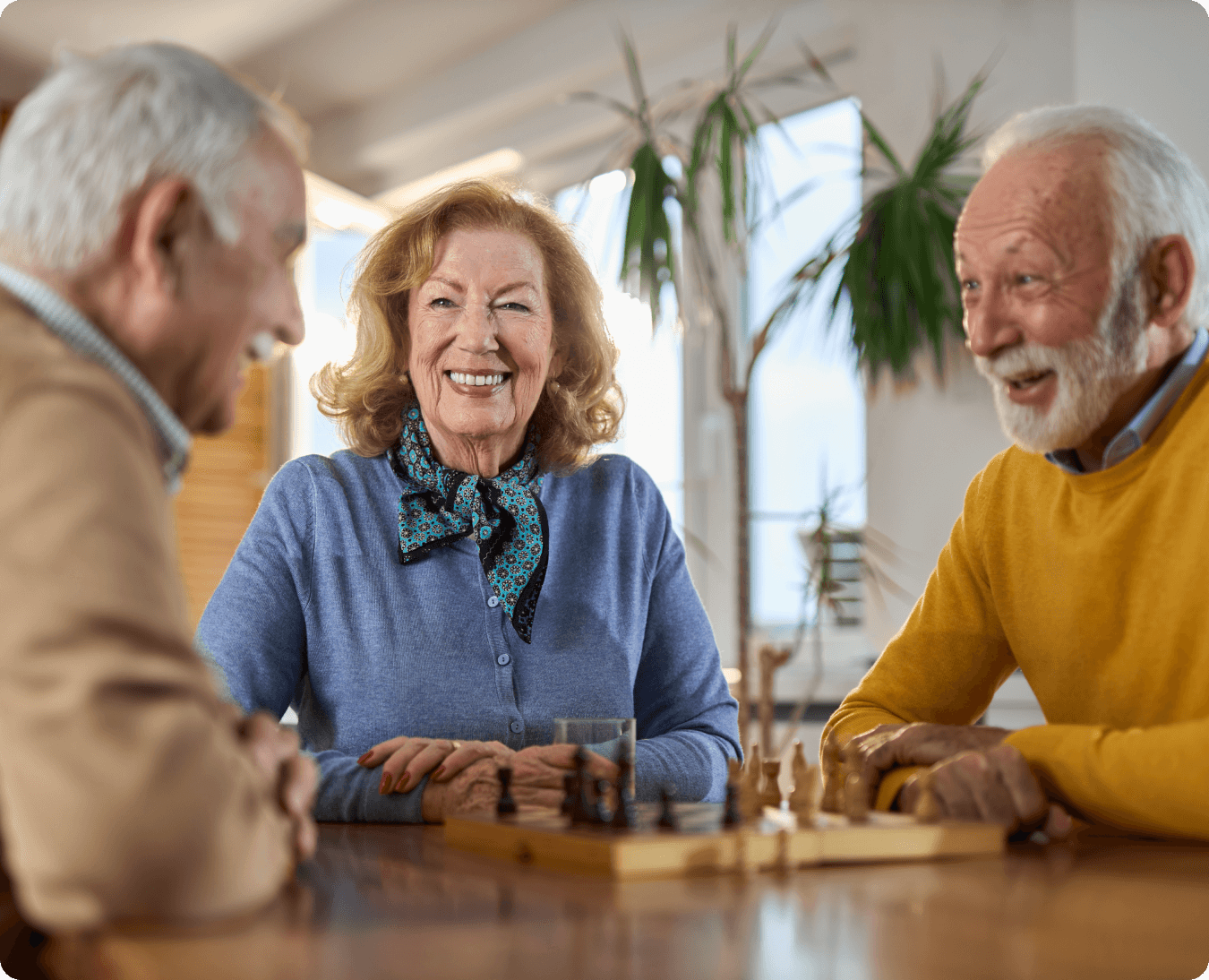 Happy senior friends playing chess.