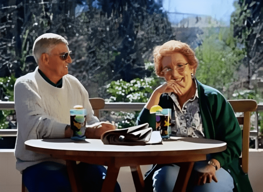 A man and woman sitting at a table with drinks.